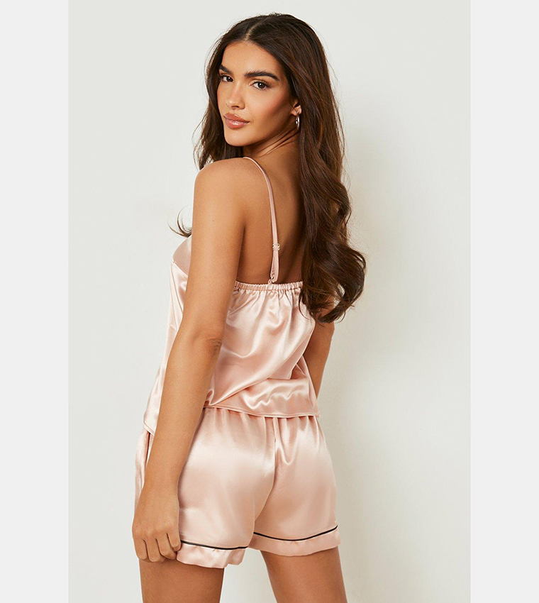 Buy Boohoo Satin Cami Pajama Set With Contrast Piping In Rose