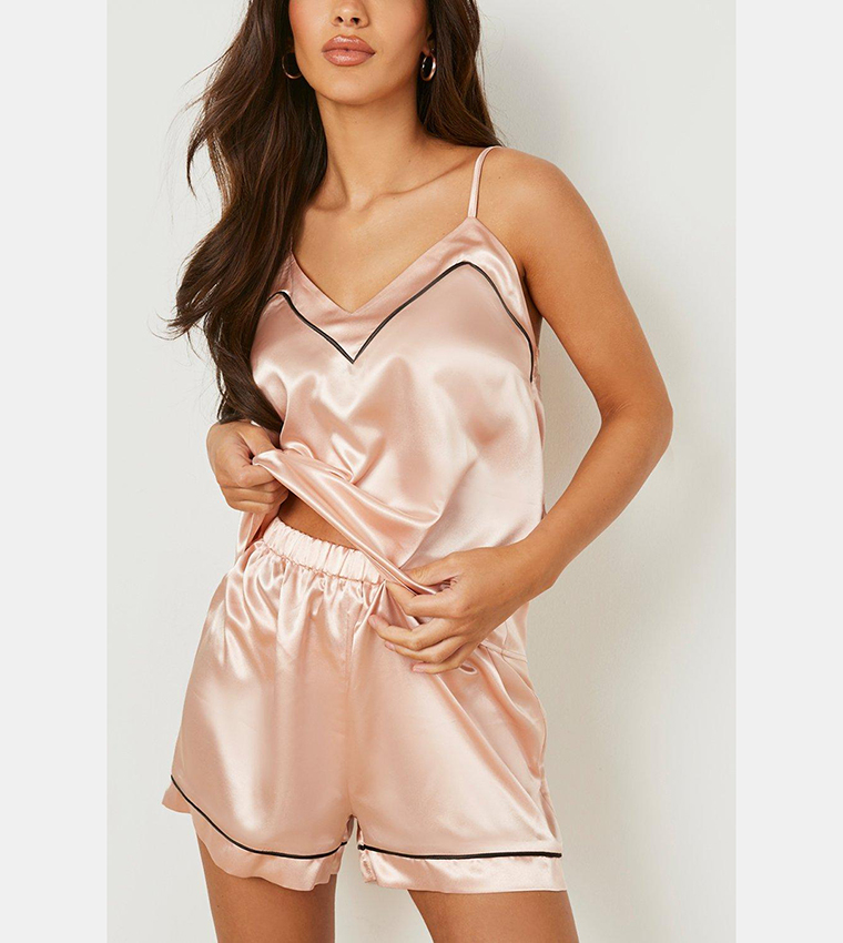 Satin Cami Pj Short Set With Contrast Piping