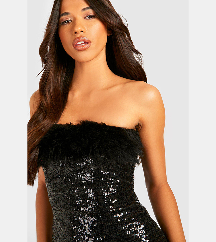 Tall Sequin Feather Detail Bandeau Mini Dress