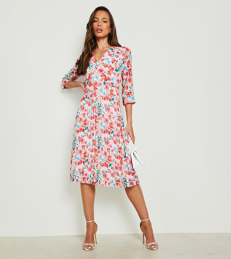 Pink floral pleated store midi dress