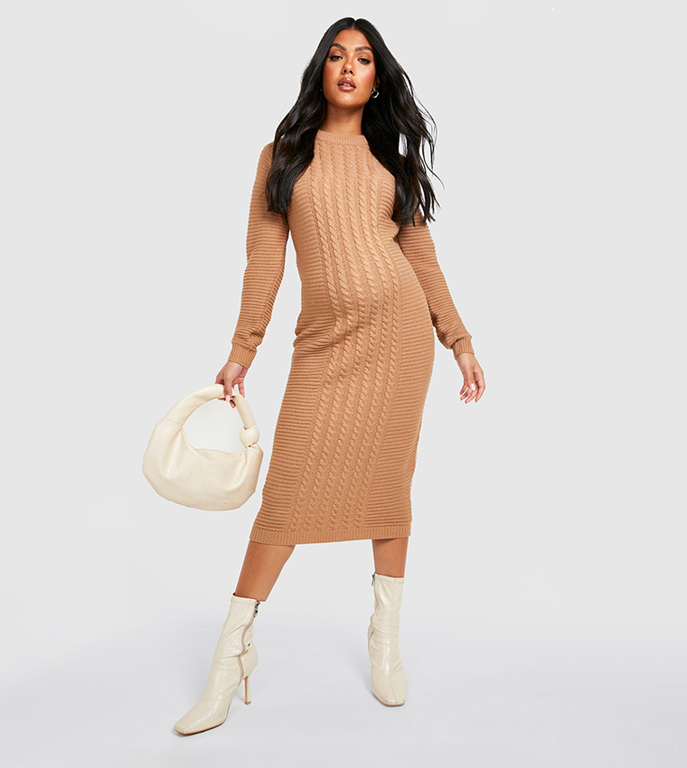 Buy Boohoo Maternity Cable Knit Knitted Midi Dress In Beige | 6thStreet  Bahrain