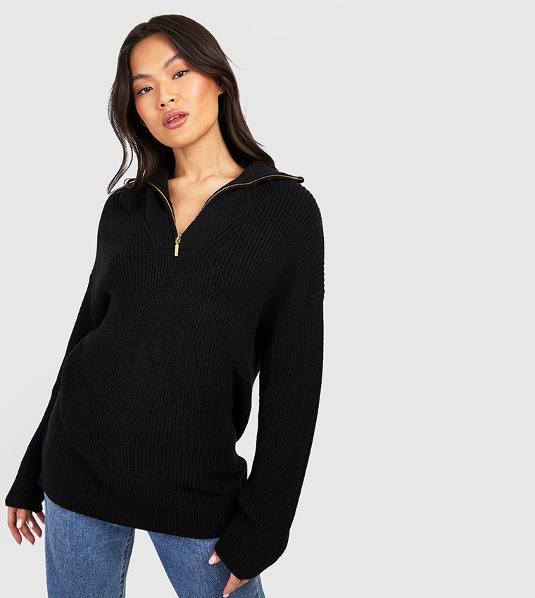Boohoo Zip Collar Jumper Womens Plus Soft Rib Knit Half Zip Collar