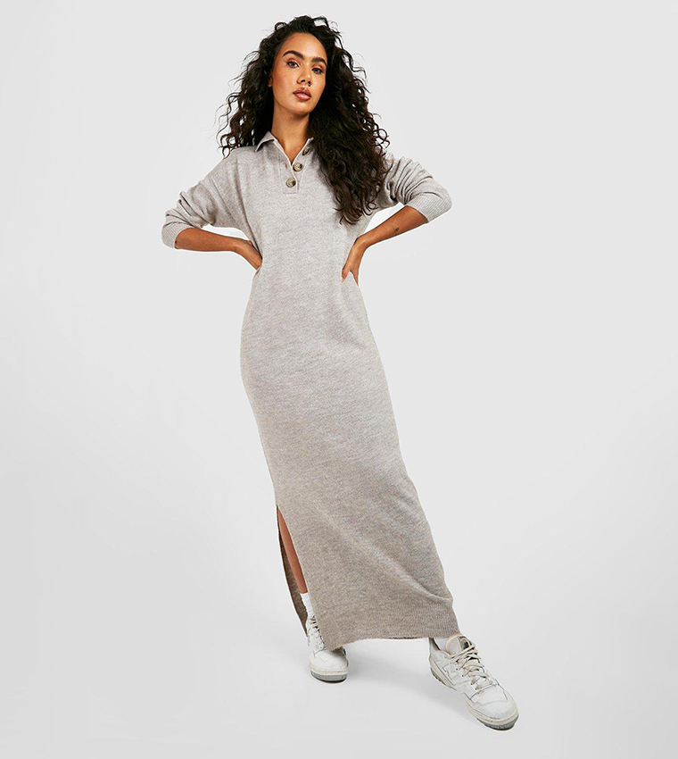 Buy Boohoo Polo Button Collar Knitted Maxi Dress In Grey