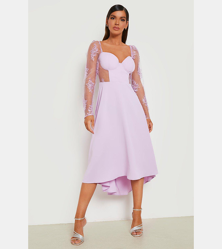 Buy Boohoo Contrast Lace Corset Midi Skater Dress In Purple | 6thstreet Oman