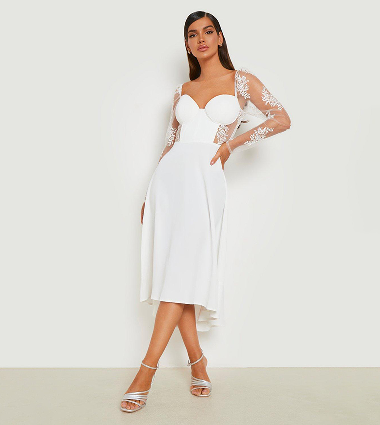 Buy Boohoo Contrast Lace Corset Midi Skater Dress In White