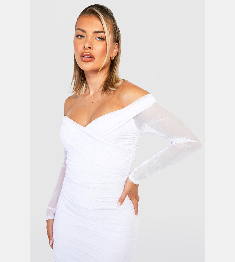 Buy Boohoo Off Shoulder Ruched Mesh Bodycon Midi Dress In White | 6thstreet  Saudi Arabia