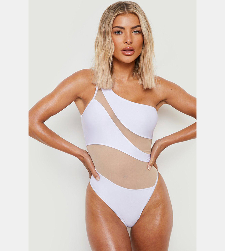 Mesh Insert One Shoulder Swimsuit