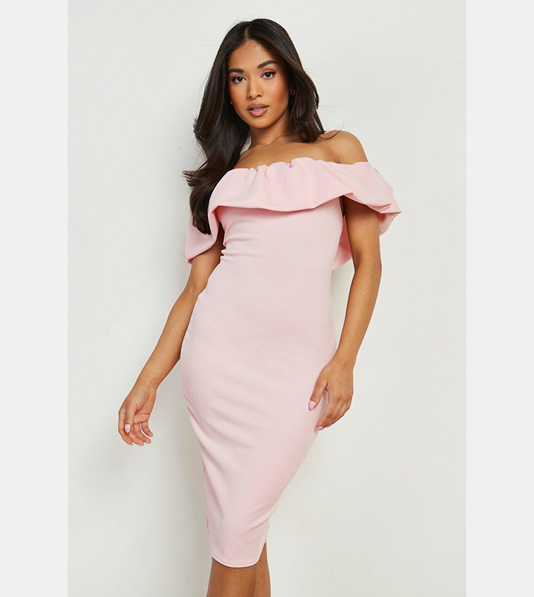 Ruffle bardot midi dress hotsell