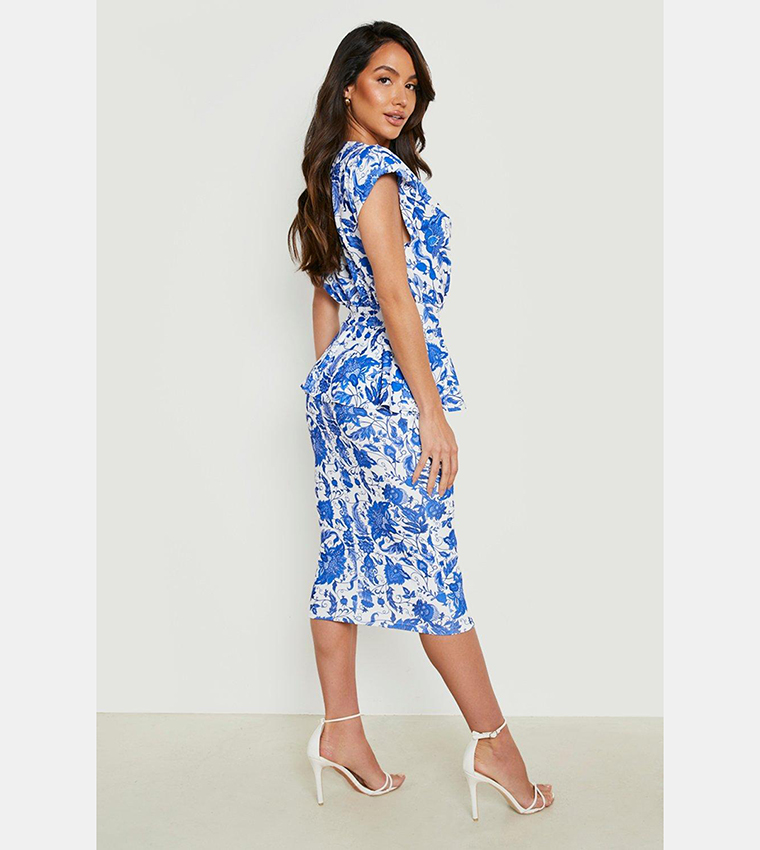 Buy Boohoo Baroque Peplum Plunge Midi Dress In Blue