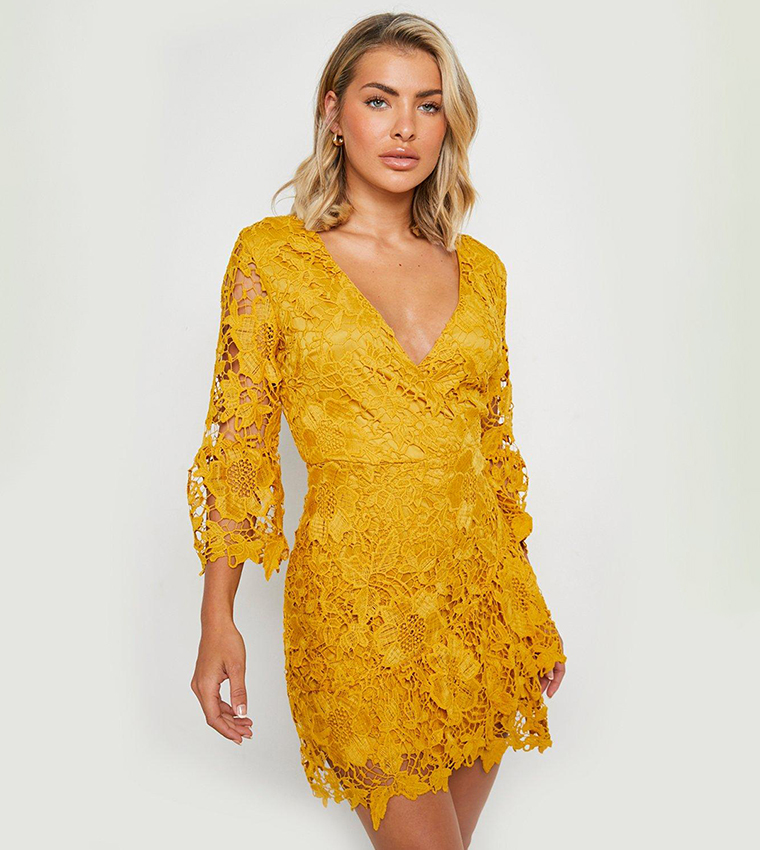 boohoo yellow lace dress Coast Women's Petite Short Sleeve V Neck Tiered Lace Midi Dress in Gold | Size: 4