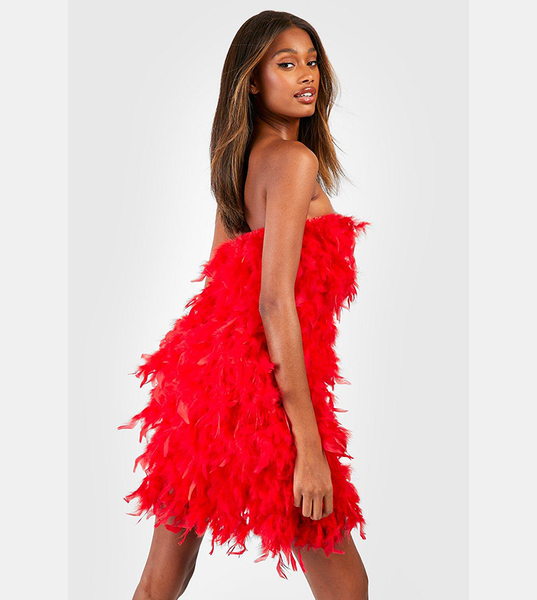 Buy Boohoo Strapless Feather Bandeau Dress In Red 6thStreet Bahrain