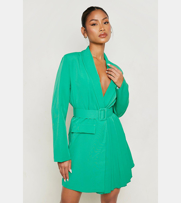 Buy Boohoo Pleated Self Fabric Belt Blazer Dress In Green | 6thstreet  Bahrain