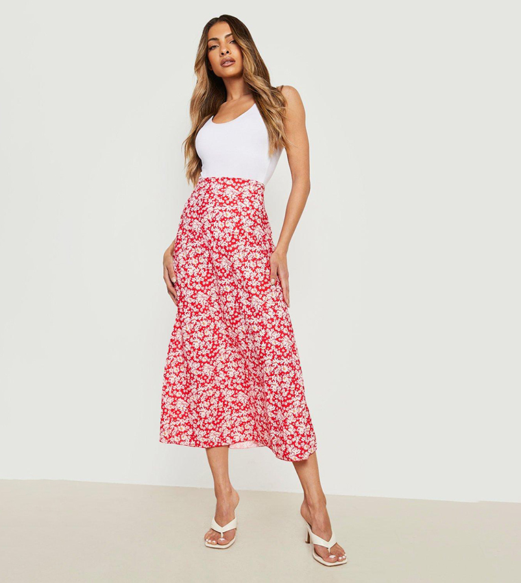 Tall Woven Ditsy Floral High Rise Midi Skirt
