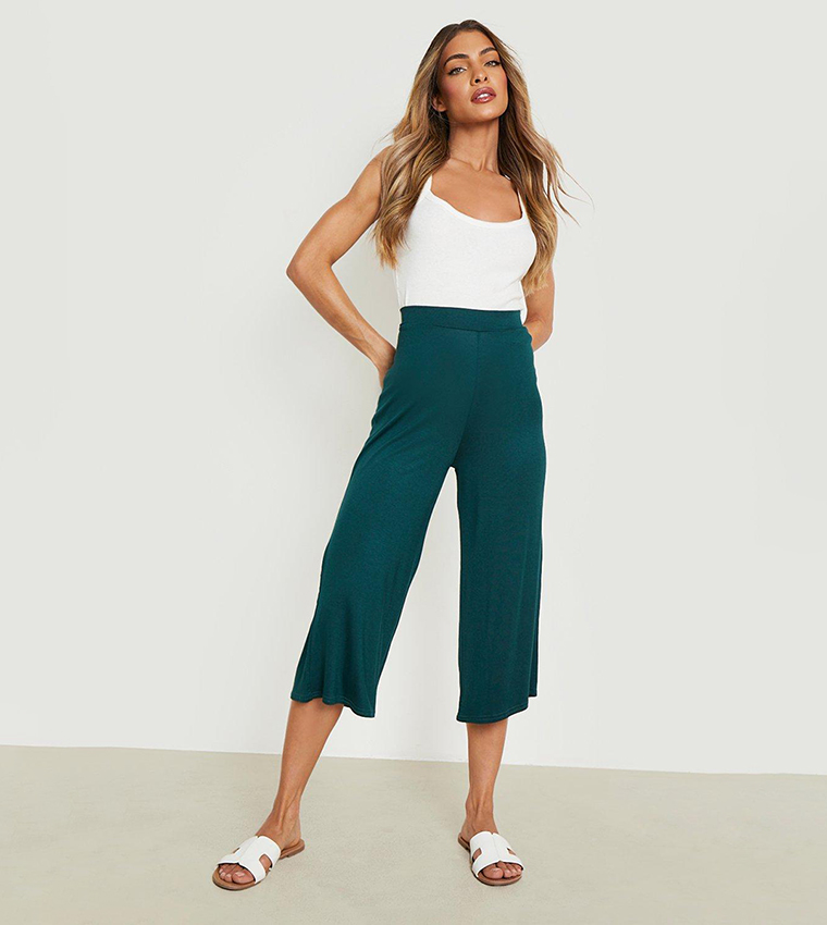 Buy Boohoo Basic Jersey Wide Leg Culotte Trousers In Green 6thStreet UAE