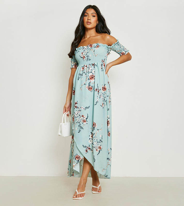 Buy Boohoo Maternity Floral Shirred Off Shoulder Maxi Dress In Green |  6thStreet Kuwait