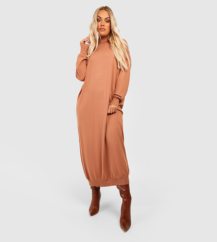 Buy Boohoo Fine Knit Roll Neck Knitted Midaxi Dress In Camel | 6thstreet  Qatar