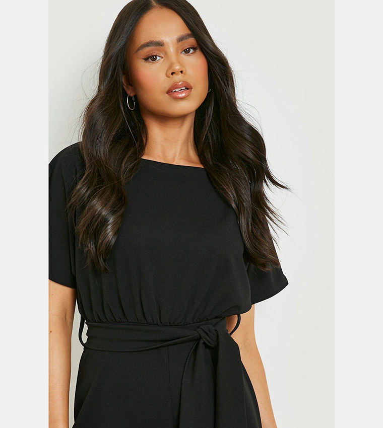 Buy Boohoo Slash Tie Waist Cape Sleeves Romper In Black