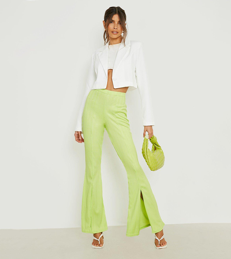Buy Boohoo Split Front Ribbed Flared Trousers In Green 6thStreet
