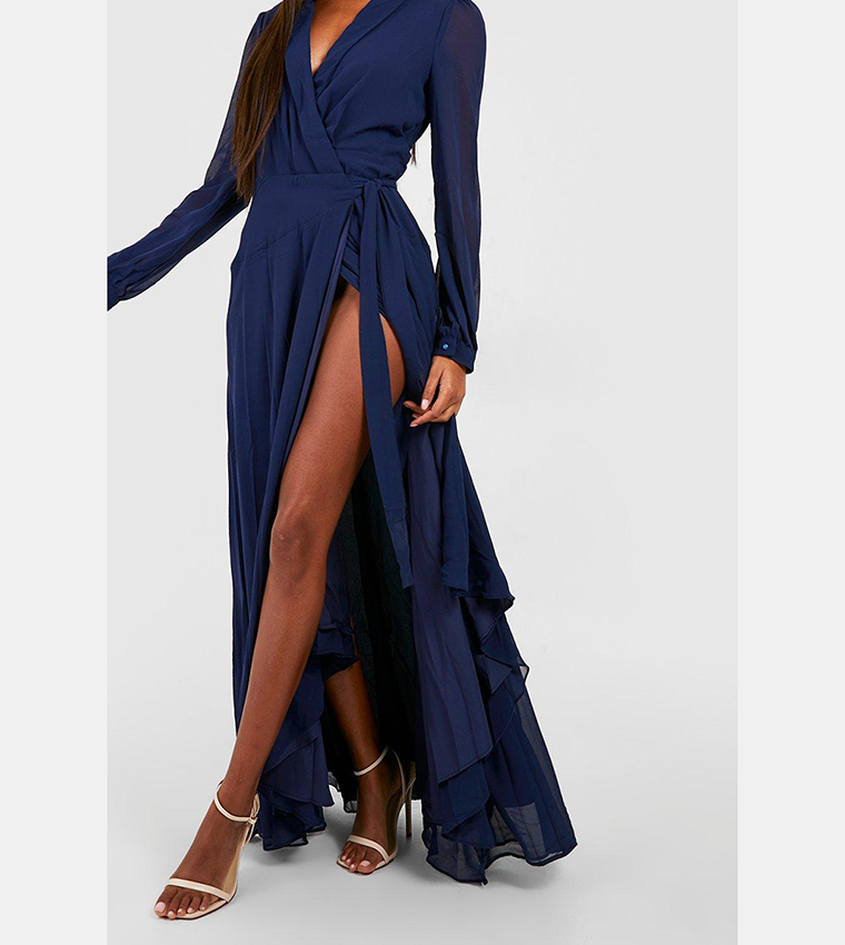 Buy Boohoo Chiffon Wrap Belted Maxi Dress In Navy 6thstreet Uae 7625