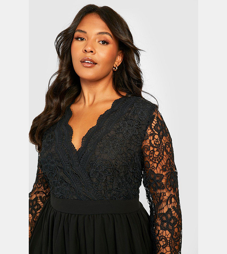 boohoo lace midi skater dress Black Plus Premium Lace Strappy Midi Skater Dress