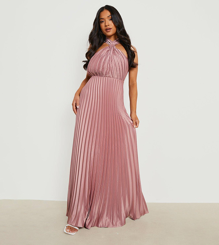 Buy Boohoo Satin Pleated Halterneck Maxi Dress In Pink | 6thstreet Qatar