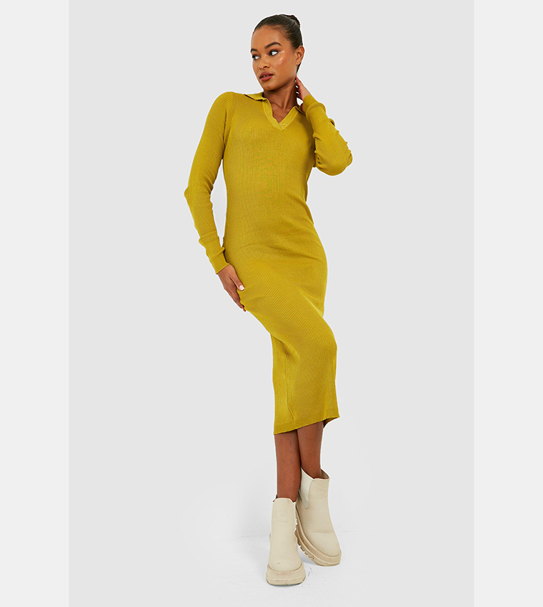 Buy Boohoo Tall Rib Knitted Polo Collared Midi Dress In Green 6thStreet Bahrain