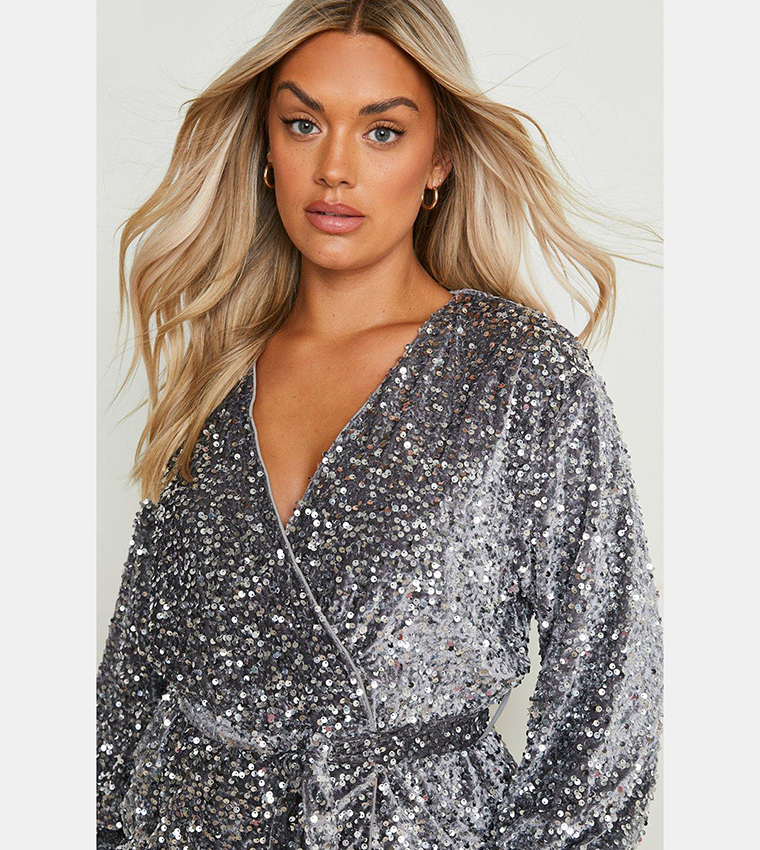 Velvet Sequins Wrap Midi Dress
