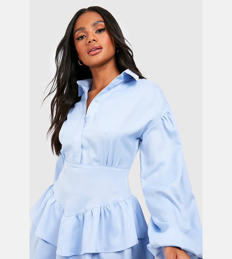 Buy Boohoo Ruffle Skirt Shirt Dress In Blue 6thStreet Saudi Arabia - Main Image