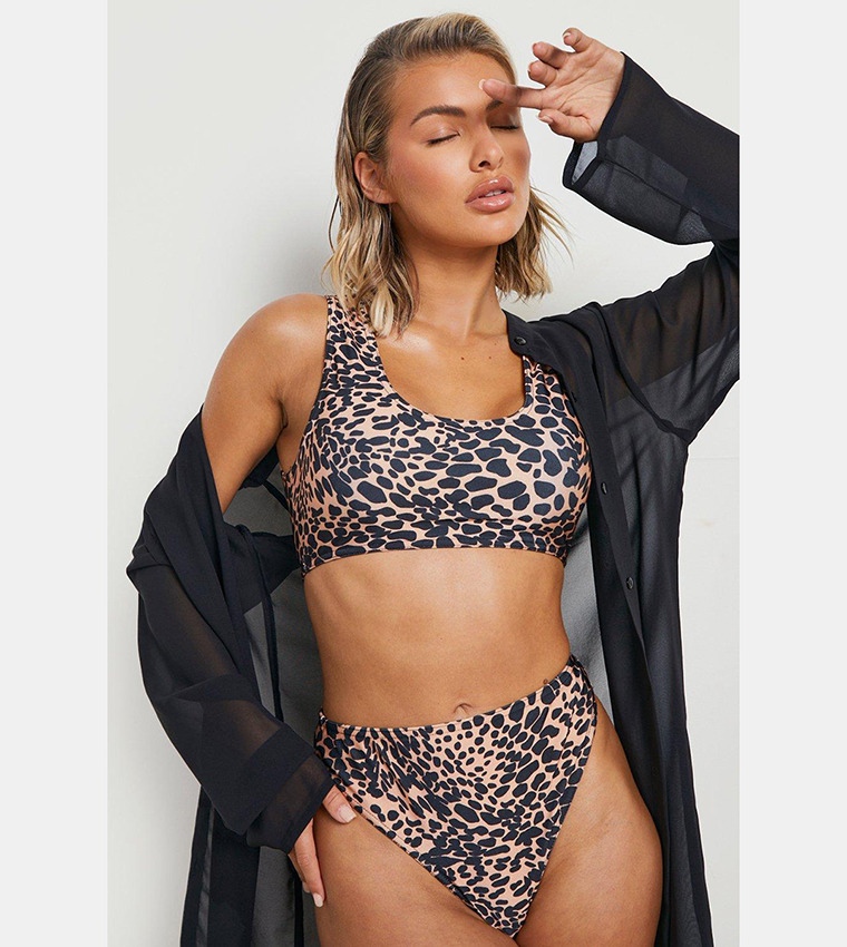 Buy Boohoo Leopard Scoop High Waisted Bikini Set In Brown