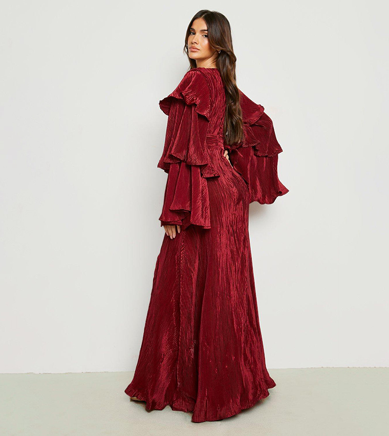 Buy Boohoo Layered Ruffle Sleeves Maxi Dress In Berry 6thStreet UAE