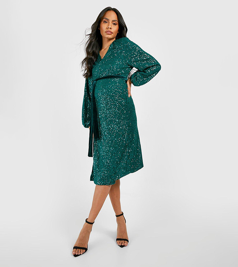 Buy Boohoo Maternity Sequins Puff Sleeves Belt Midi Dress In Green 6thStreet Bahrain