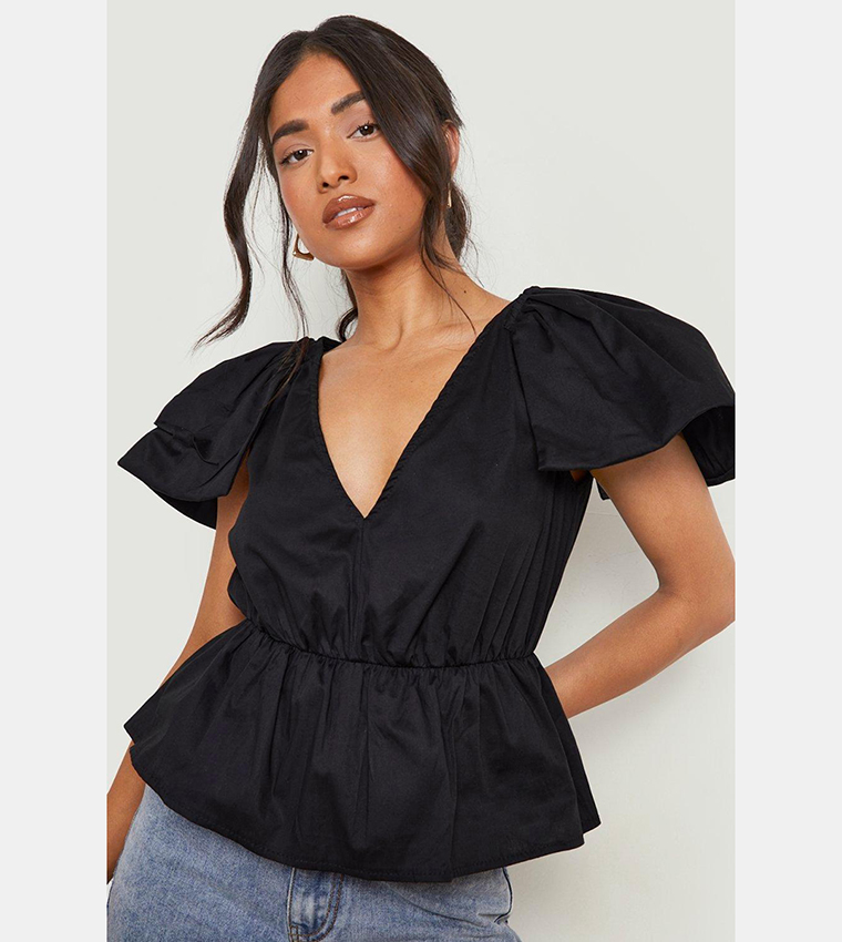 Buy Boohoo Cotton Puff Sleeves Tie Back Peplum Top In Black