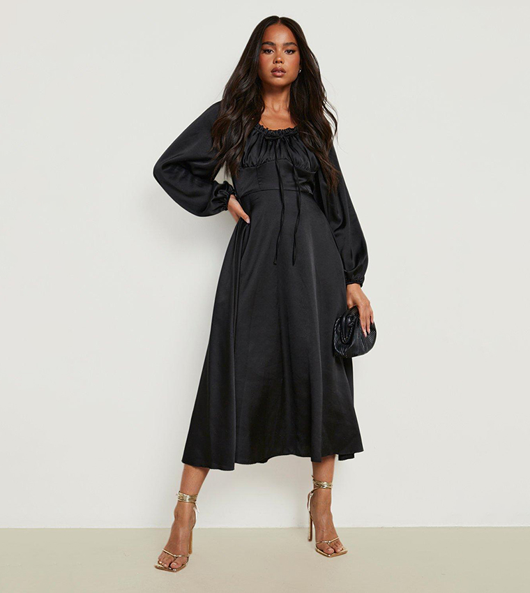 boohoo satin midi dress Black Satin Cowl Neck Midi Slip Dress
