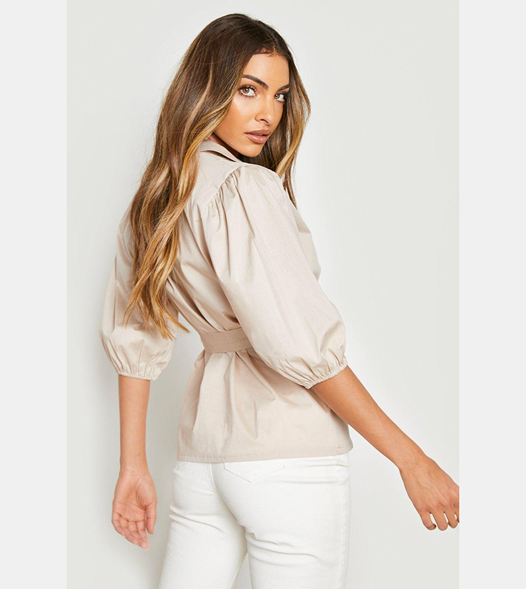 Buy Boohoo Collared Wrap Puff Sleeves Top In Beige 6thStreet