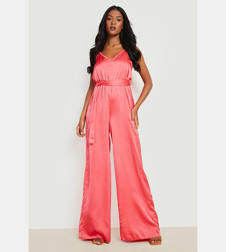Buy Boohoo Tall Extreme Wide Leg Satin Strappy Jumpsuit In Pink 6thStreet UAE