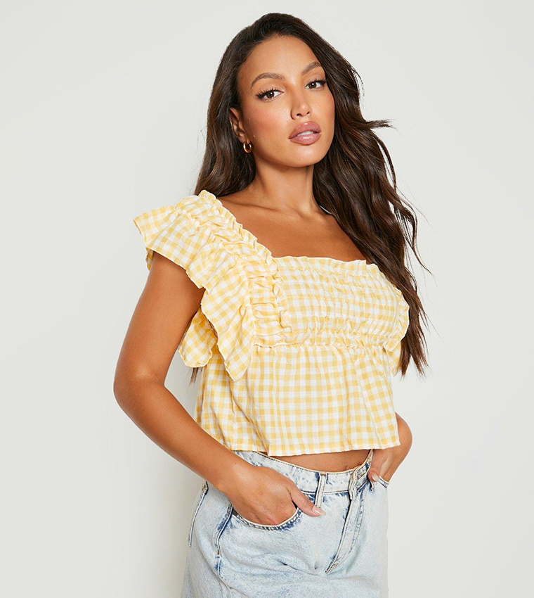 Tall Gingham Shirred Detail Ruffle Peplum Top