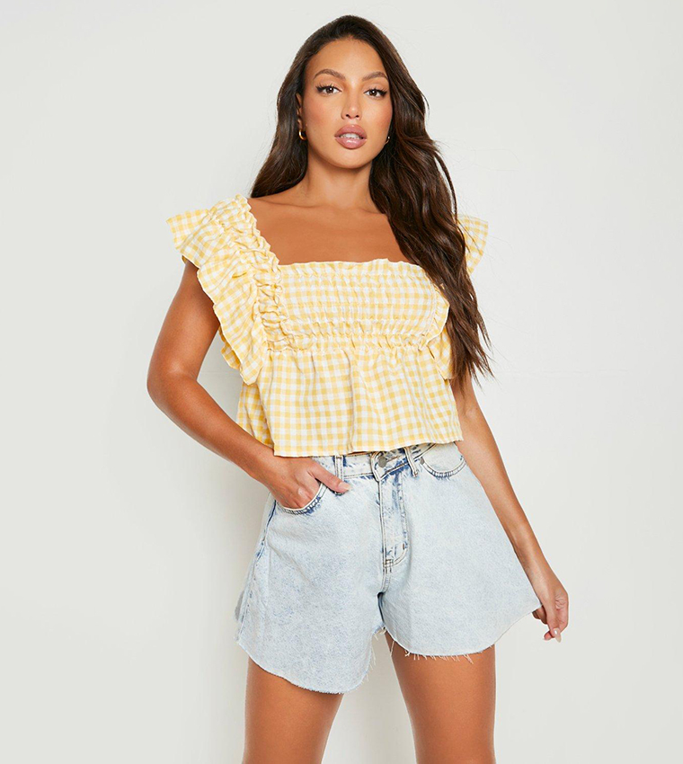 Tall Gingham Shirred Detail Ruffle Peplum Top