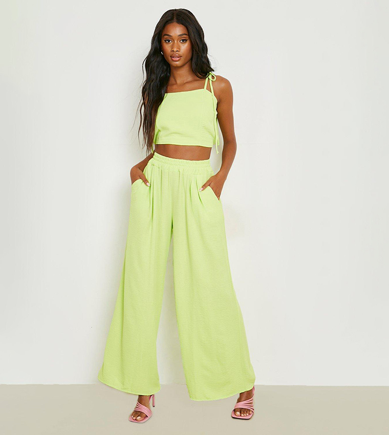 Buy Boohoo Textured Tie Cami Top Wide Leg Trousers Set In Yellow