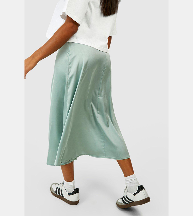 Boohoo exclusive satin clearance midi skirt in sage