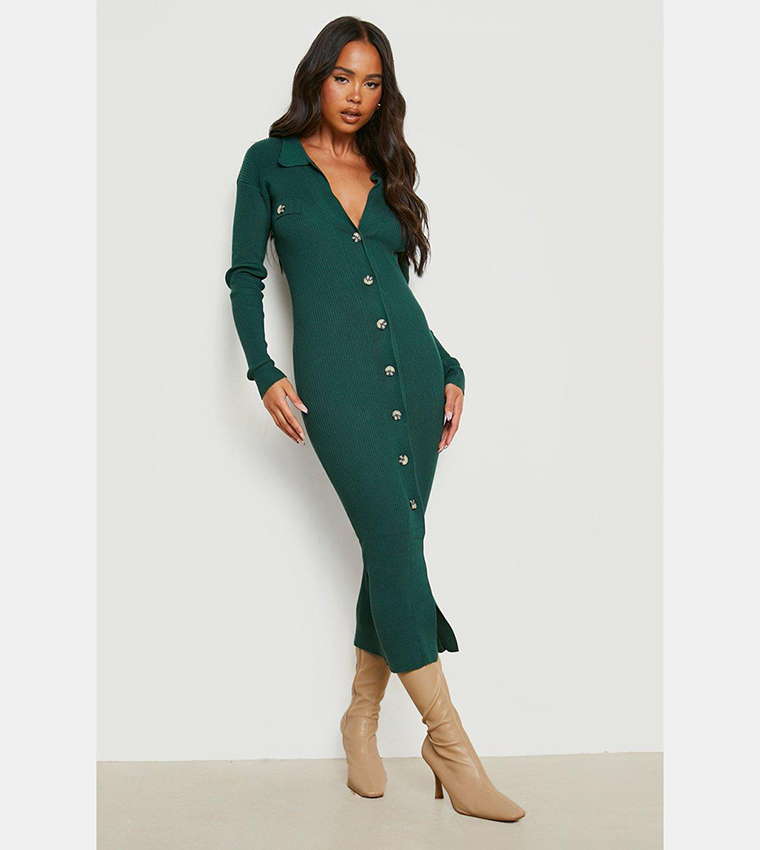 Buy Boohoo Button Detail Collared Dress In Green 6thStreet Oman