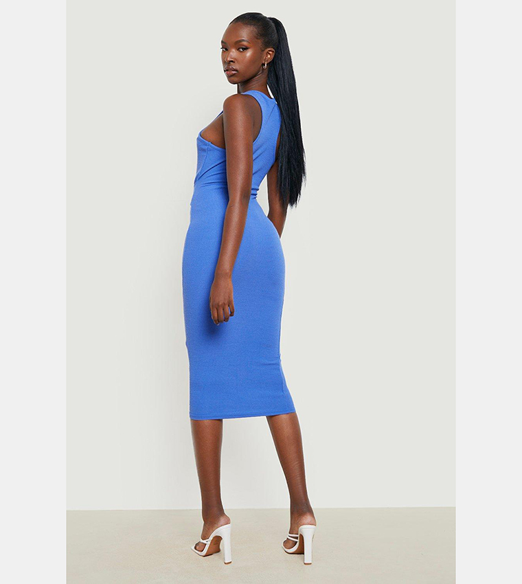 Buy Boohoo Ripple Rib Racer Tie Front Midi Dress In Blue 6thstreet Kuwait 3803