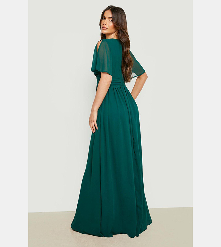 Buy Boohoo Chiffon Plunge Ruched Maxi Dress In Green | 6thstreet Bahrain