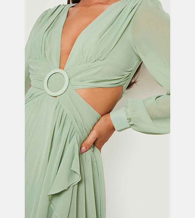 Buy Boohoo Chiffon Ruffle Plunge Maxi Dress In Green | 6thstreet Oman