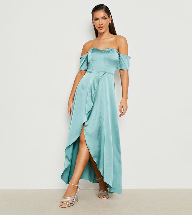 Buy Boohoo Woven Off Shoulder High Low Dress In Green | 6thstreet Bahrain