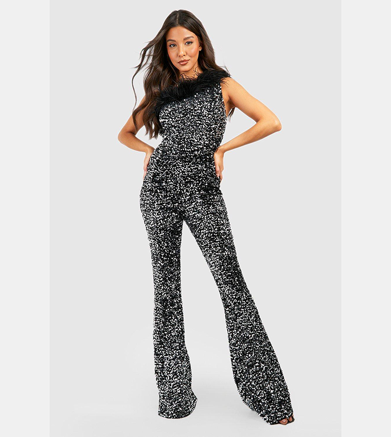 Buy Boohoo Feather Trim Sequins Flare Jumpsuit In Black