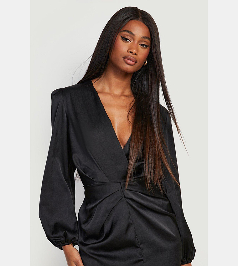 Womens Dresses Black Satin Ruched Dress One Shoulder Satin Ruched