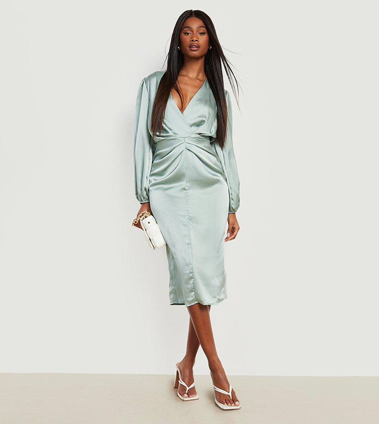 Buy Boohoo Satin Volume Sleeves Ruched Midi Dress In Green 6thStreet Bahrain