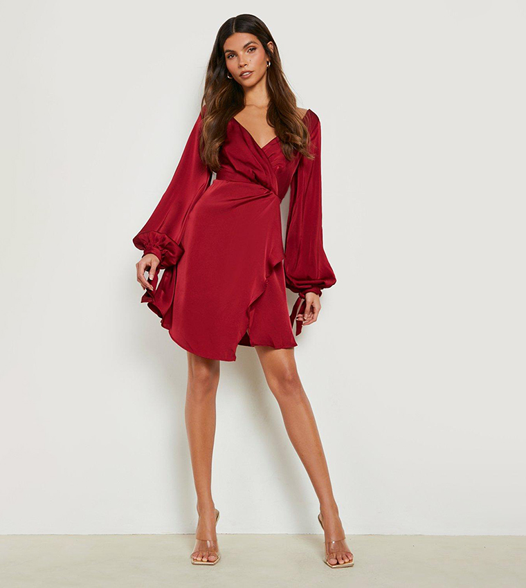 Buy Boohoo Satin Long Sleeves Mini Skater Dress In Red 6thStreet UAE