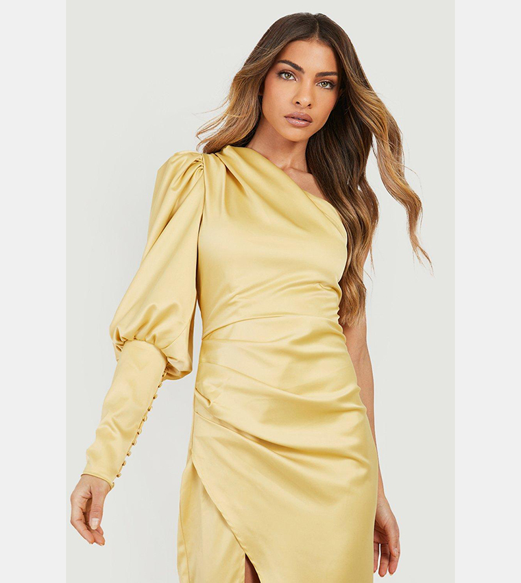 Buy Boohoo Puff One Shoulder Side Split Maxi Dress In Yellow | 6thstreet  Qatar