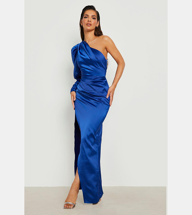 Black One Shoulder Side Split Feather Applique Formal Dresses main image 1